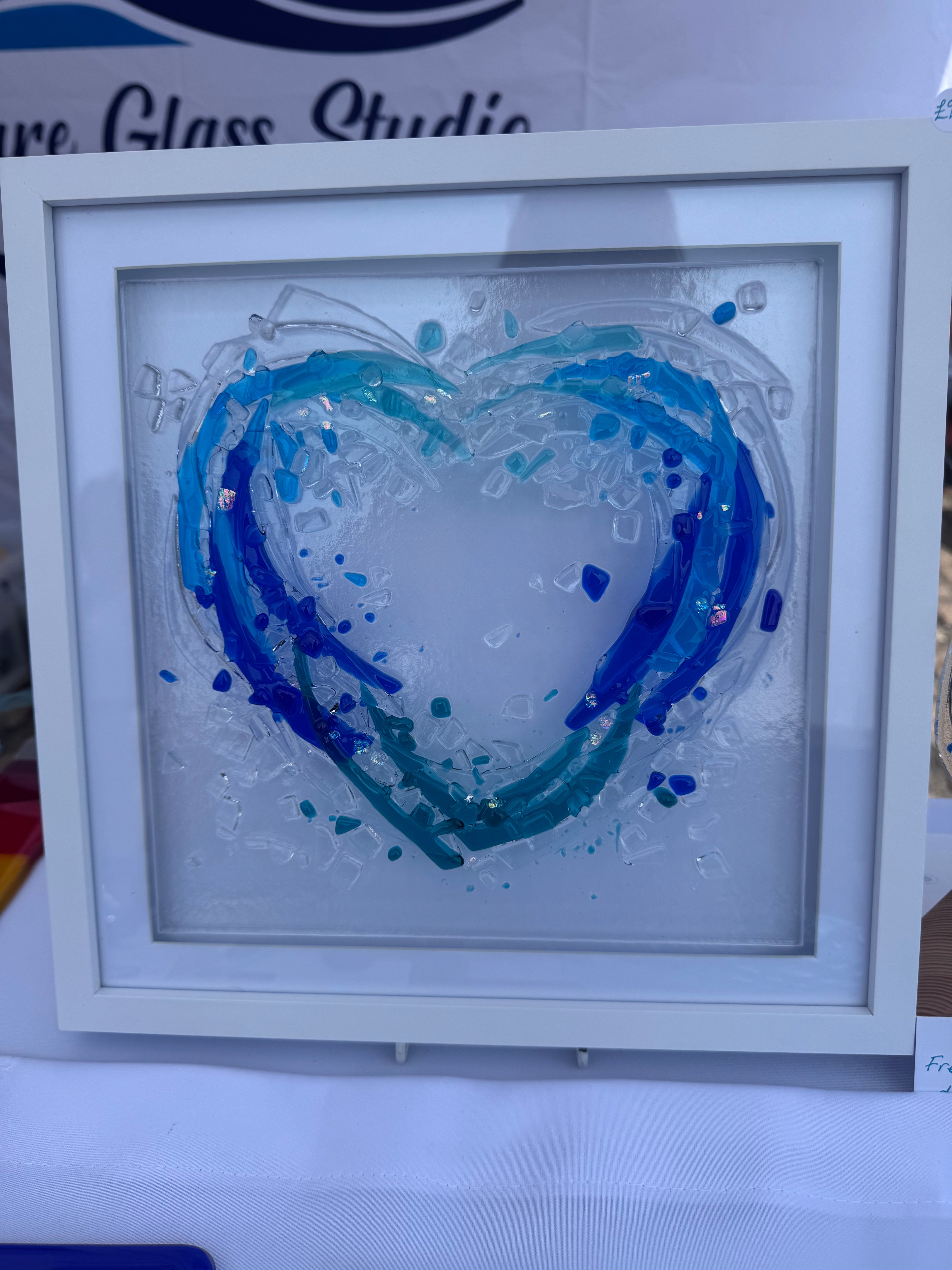Handmade Fused Glass Heart Wave | Coastal Wall Art | Ocean Inspired Glass Frame | Beach House Décor | 30x30cm