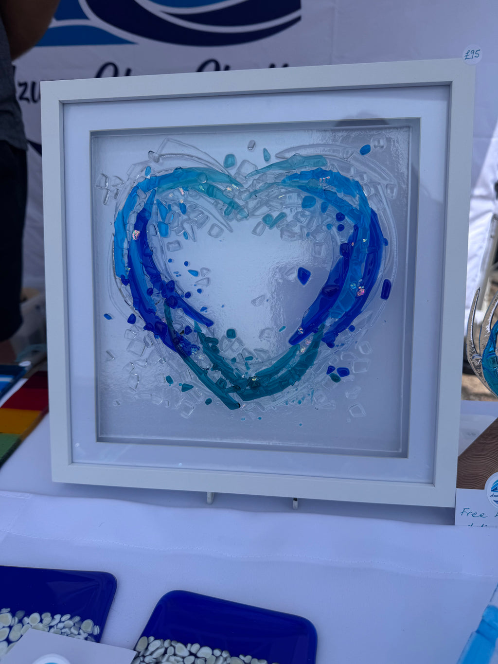 Handmade Fused Glass Heart Wave | Coastal Wall Art | Ocean Inspired Glass Frame | Beach House Décor | 30x30cm
