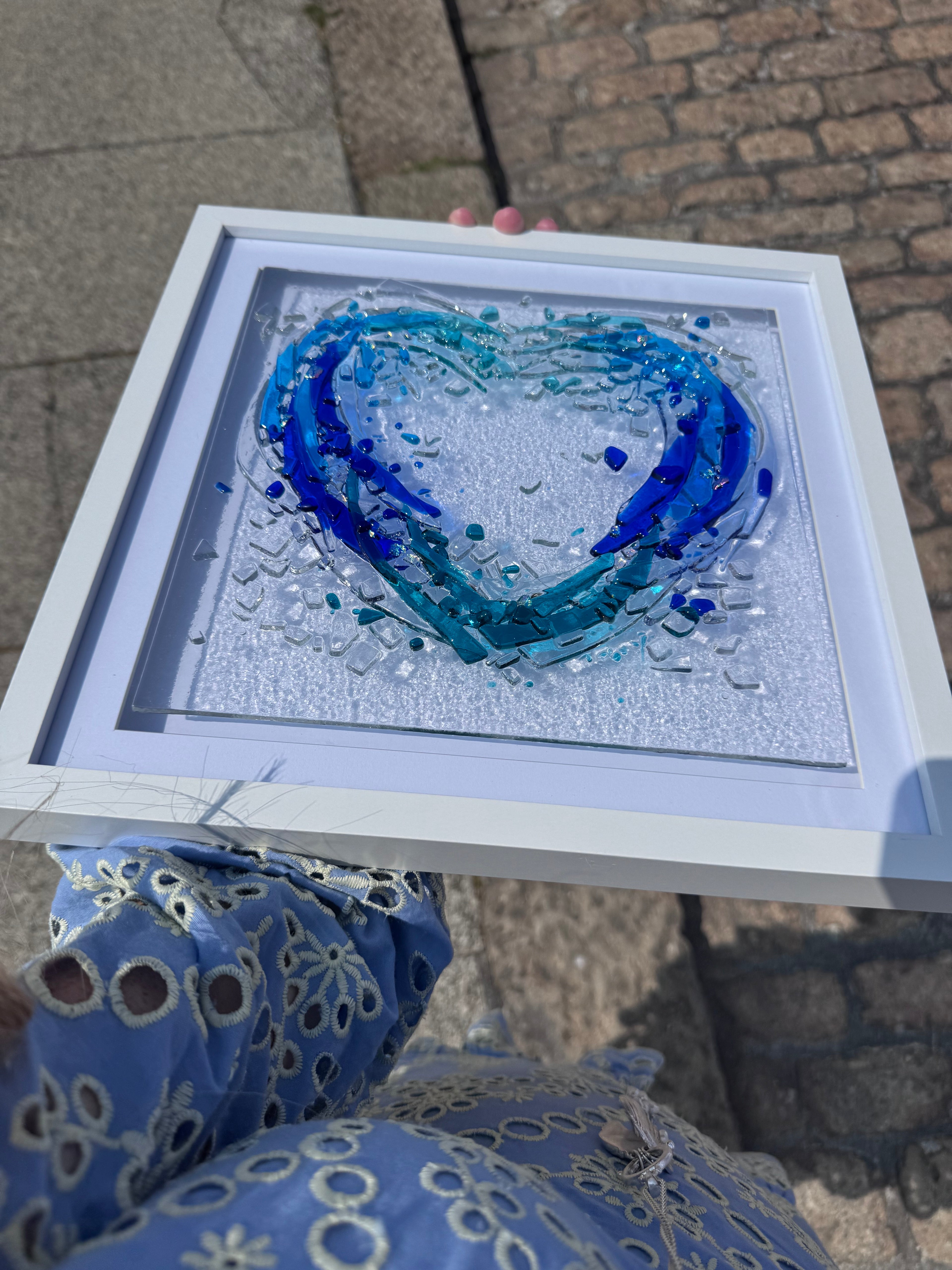 Handmade Fused Glass Heart Wave | Coastal Wall Art | Ocean Inspired Glass Frame | Beach House Décor | 30x30cm