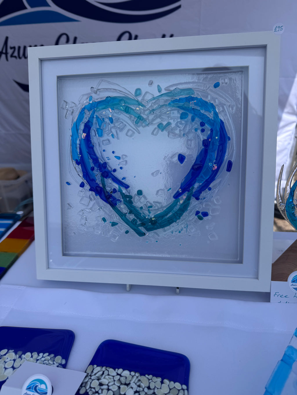 Handmade Fused Glass Heart Wave | Coastal Wall Art | Ocean Inspired Glass Frame | Beach House Décor | 30x30cm