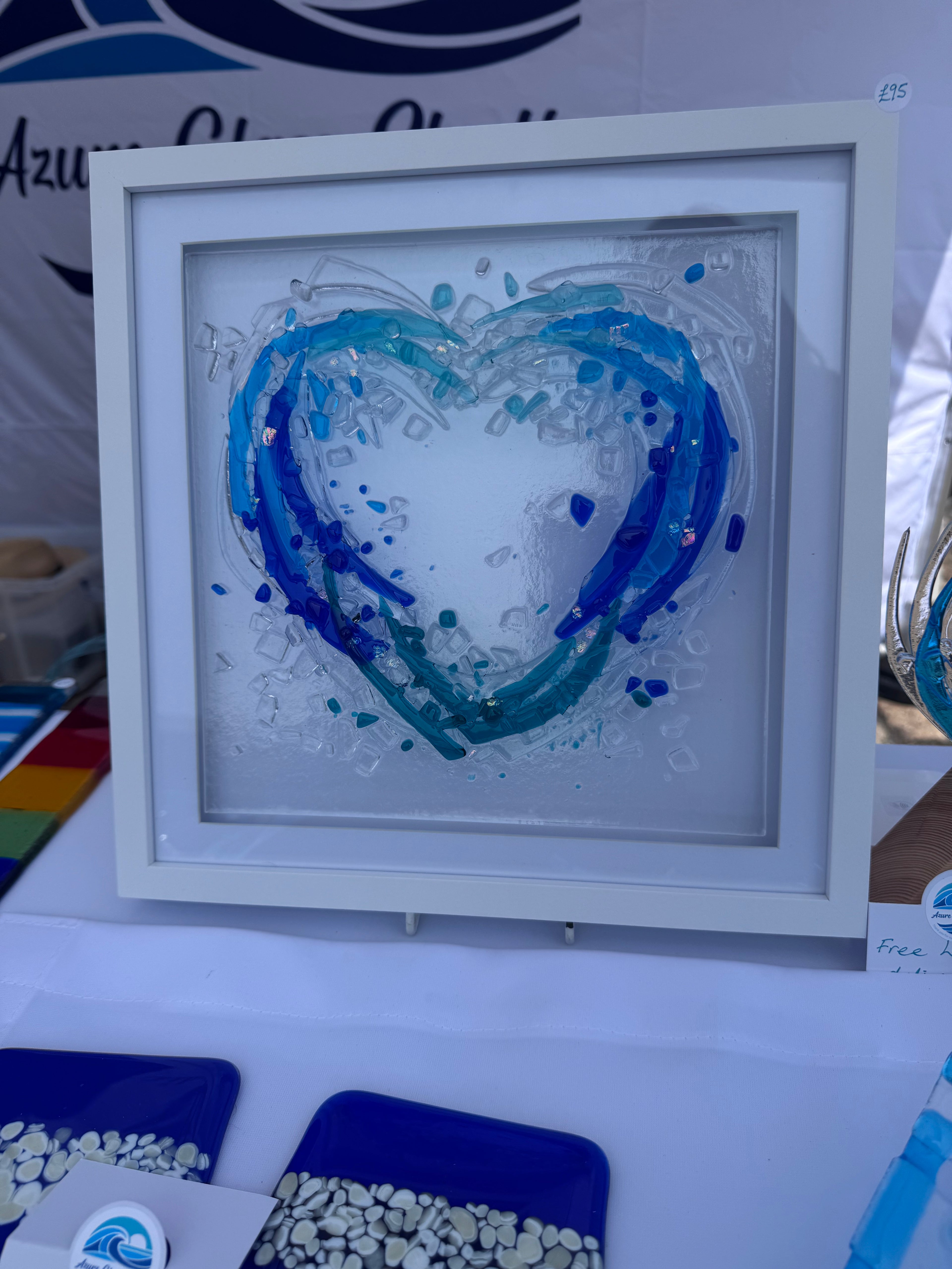 Handmade Fused Glass Heart Wave | Coastal Wall Art | Ocean Inspired Glass Frame | Beach House Décor | 30x30cm