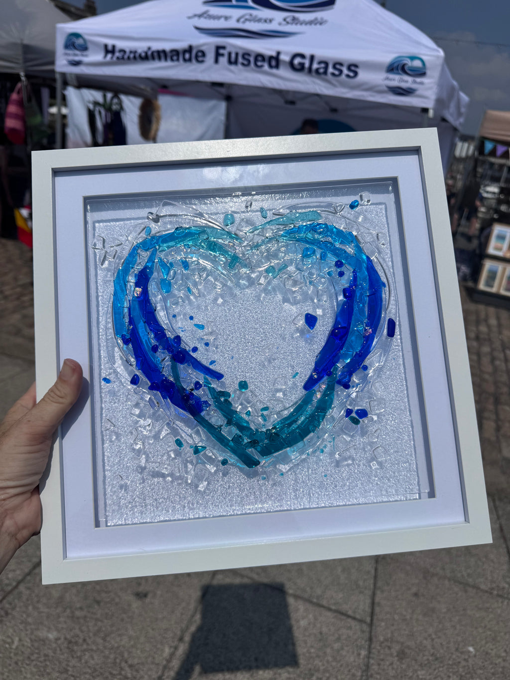 Handmade Fused Glass Heart Wave | Coastal Wall Art | Ocean Inspired Glass Frame | Beach House Décor | 30x30cm