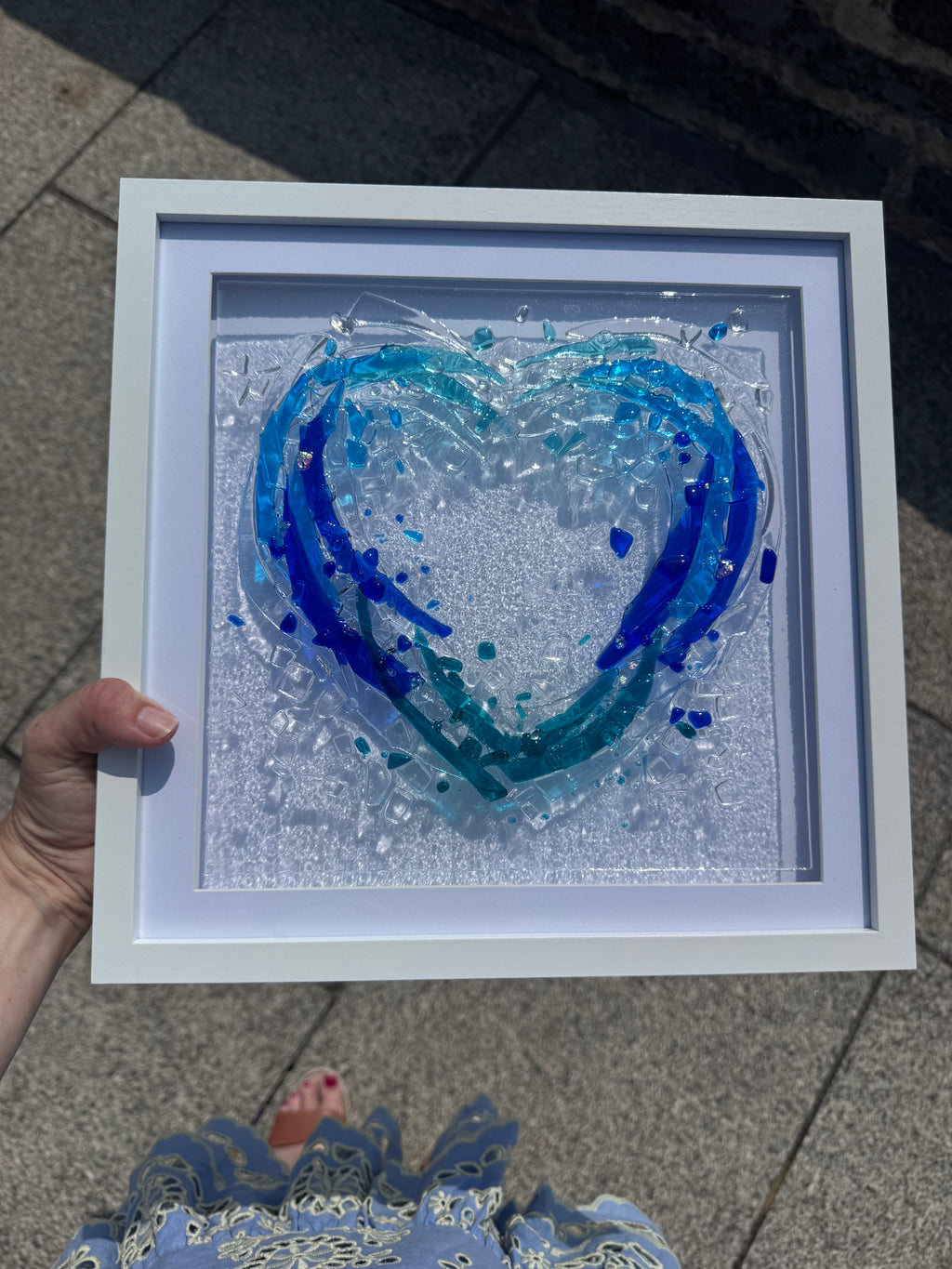 Handmade Fused Glass Heart Wave | Coastal Wall Art | Ocean Inspired Glass Frame | Beach House Décor | 30x30cm