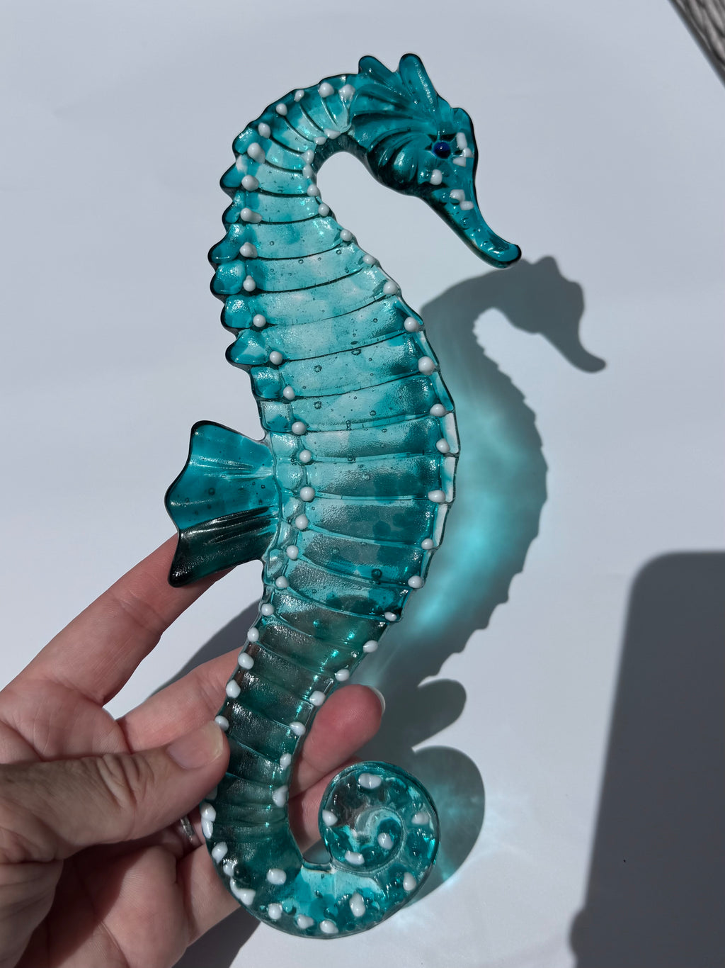 Handmade fused glass seahorse suncatcher with teal ribbon - made to order