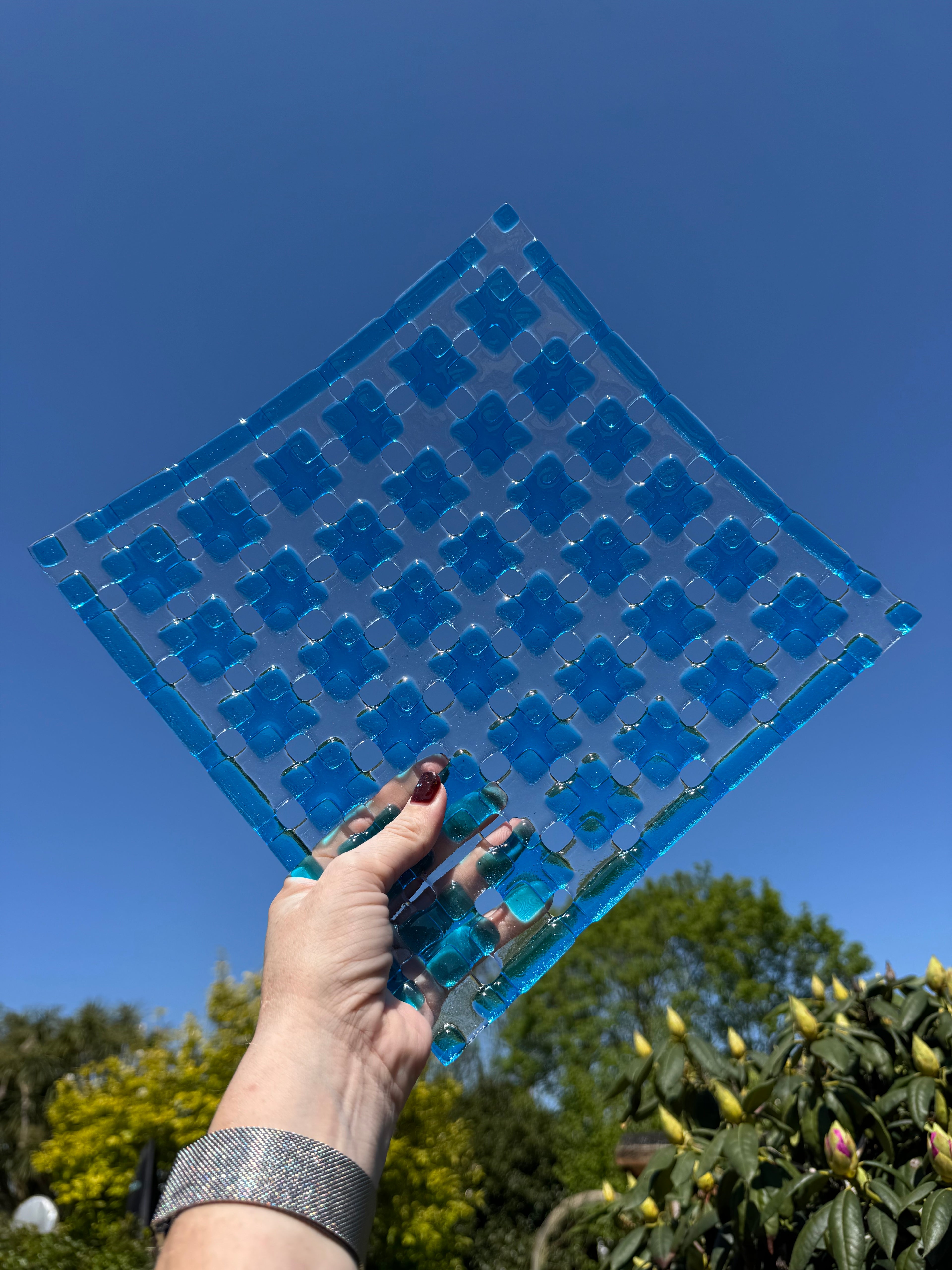 Blue and clear glass dish
