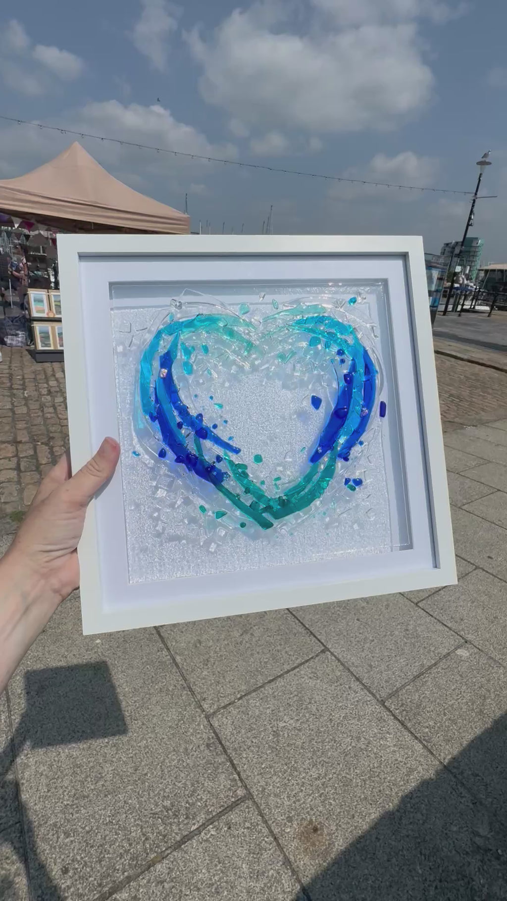 Handmade Fused Glass Heart Wave | Coastal Wall Art | Ocean Inspired Glass Frame | Beach House Décor | 30x30cm