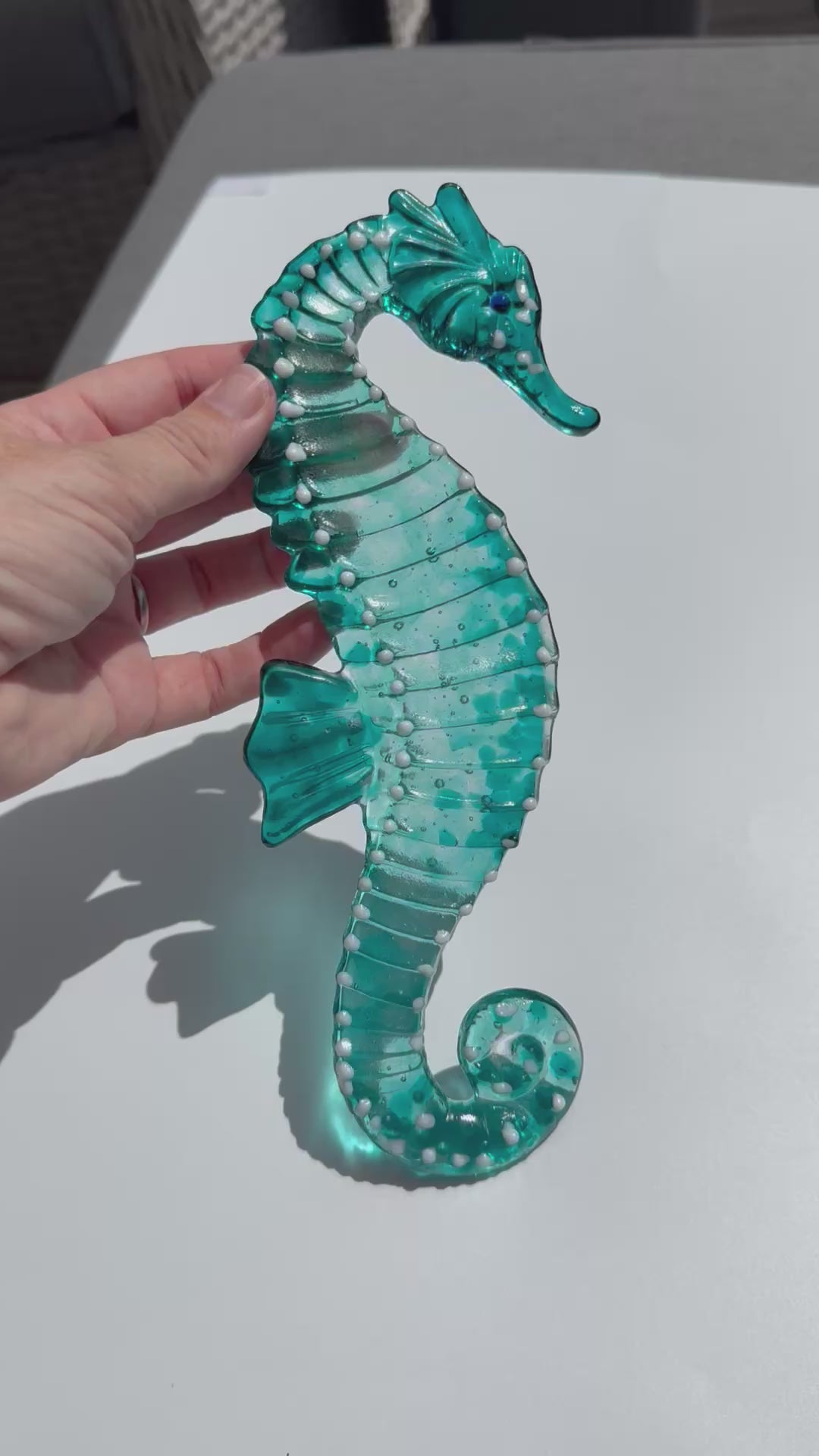 Handmade fused glass seahorse suncatcher with teal ribbon - made to order